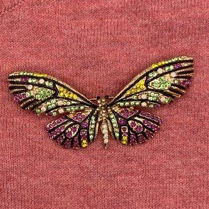 New 3D Rhinestone Butterfly Brooch Pink Green Gold 3"x1.5" Retro Vintage Style
